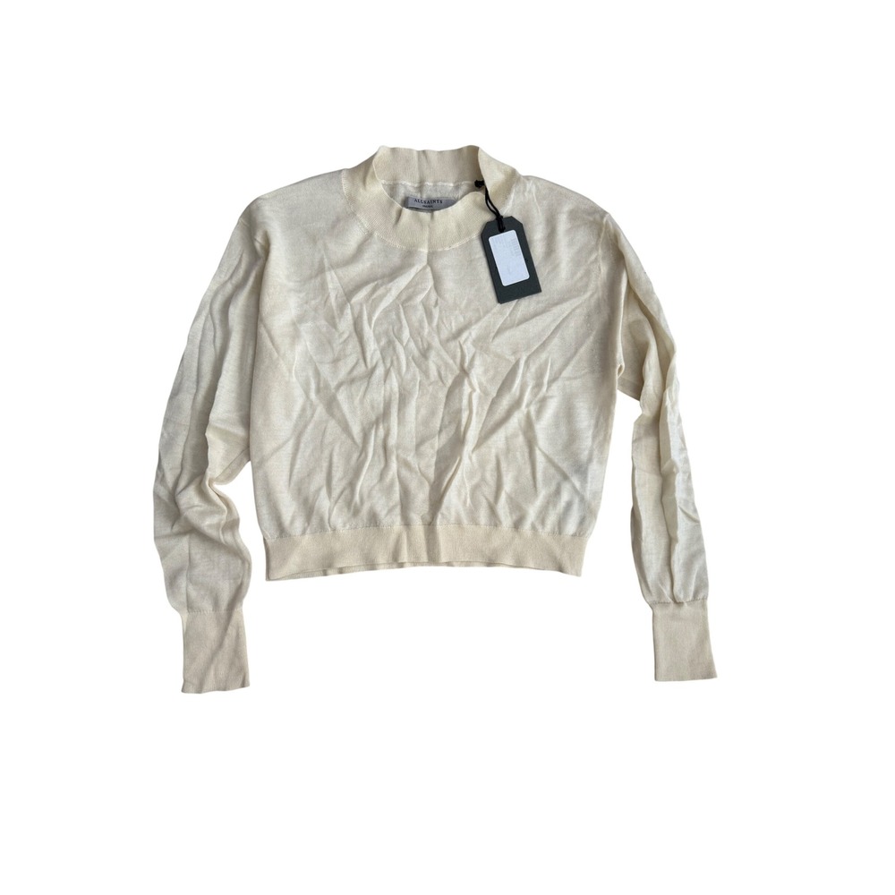 AllSaints Cream 100% Superfine Cashmere Mock Neck Cropped Sweater Small NWT